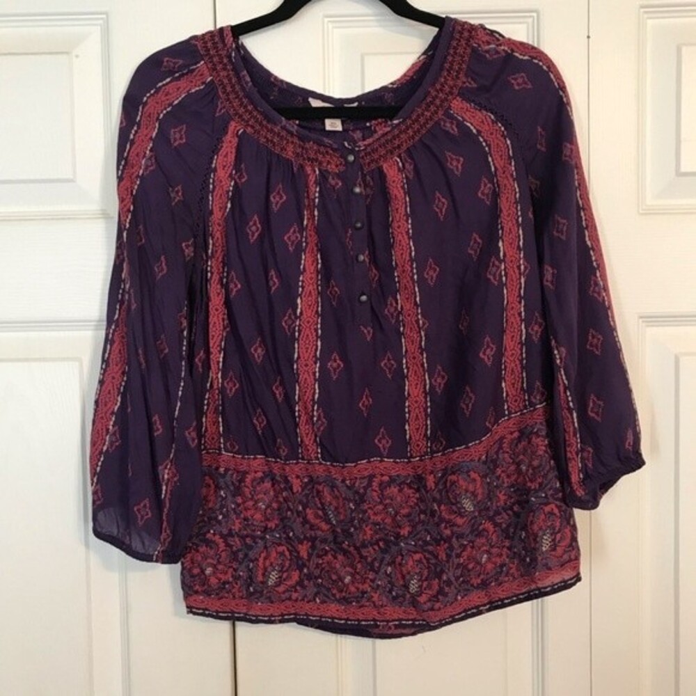 LUCKY BRAND X-Small Purple Red Peasant Blouse Top Smocked Floral Paisley Boho